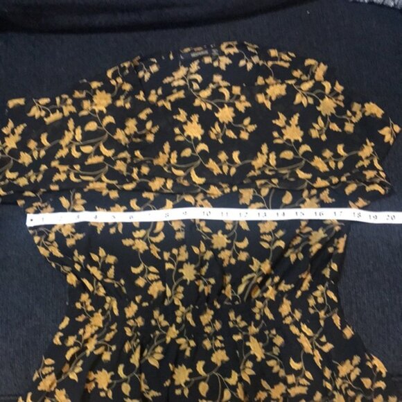 Black & Gold Floral Long Puffed Sleeve Dress Elastic Waist Layered Ruffle Hem-L - Picture 12 of 14